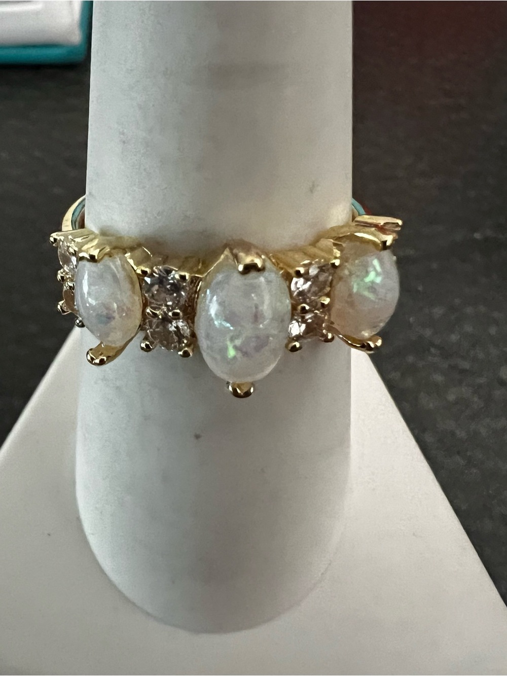Gold Opal and Cubic Zirconia Three-Stone Ring - White Opal